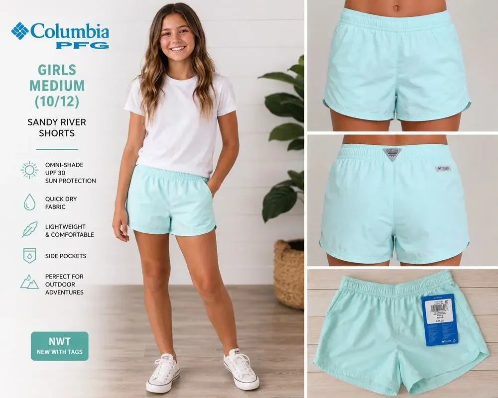 NWT Columbia PFG Girls Medium 10/12 Omni-Shade Sandy River Shorts Mint Green